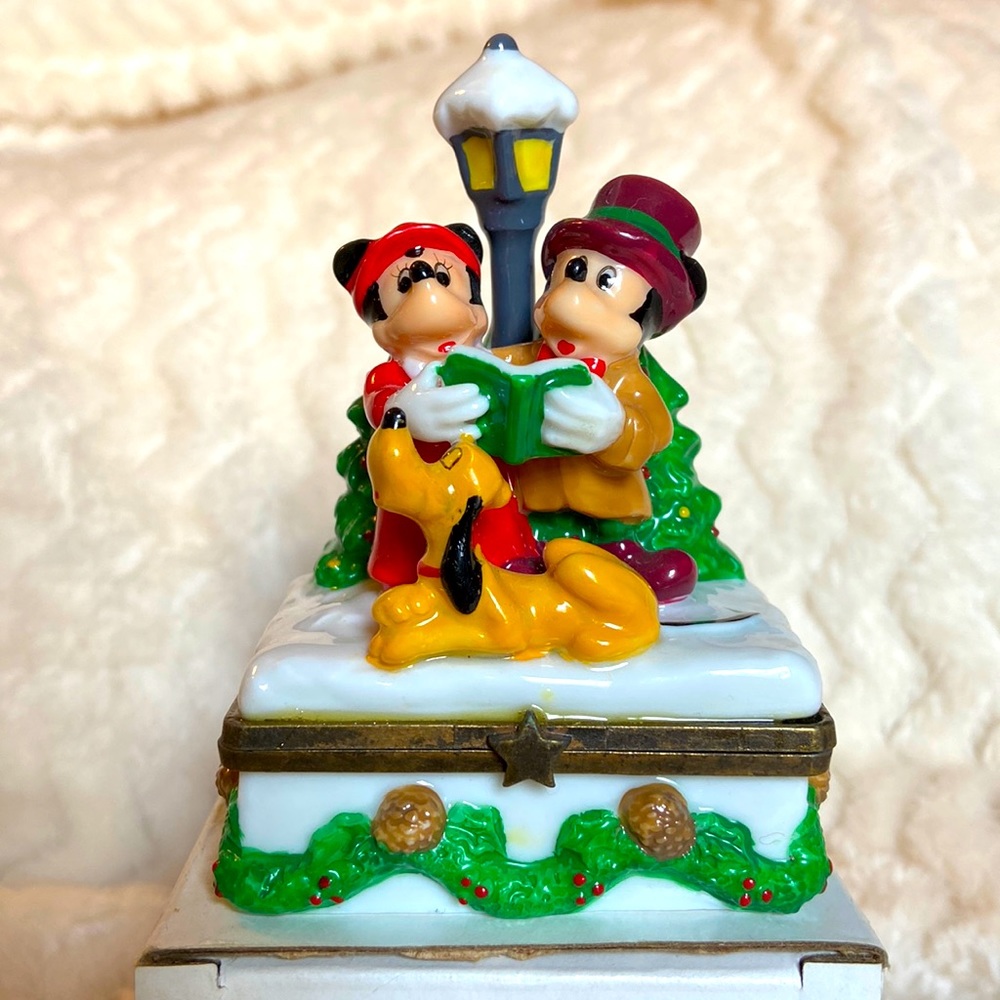 Vintage Disney Christmas Mickey & Minnie Caroling Hinged Porcelain Trinket Box